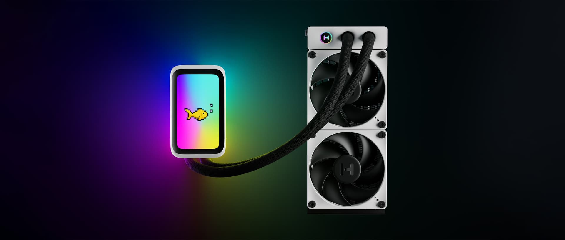 A black and silver PC fan with black cords connecting to a colorful LED screen